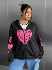 SHEIN EZwear Plus Size Heart Graphic Hooded Zipper Sweatshirt - Black - View 6