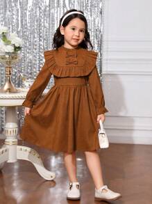 SHEIN Cô Gái Trẻ Vải to sợi Màu thuần Thanh lịch Lỏng lẻo phù hợp Đầm - màu nâu - Xem 4
