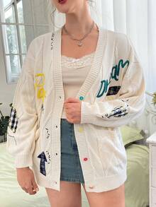 SHEIN EZwear 大碼字母圖案雙口袋落肩袖開襟衫 - 米色 - 查看 6