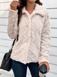SHEIN LUNE Chất rắn Nút phía trước Áo khoác Teddy - Màu be - Xem 6