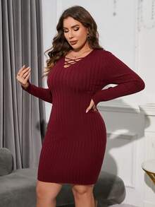 SHEIN Clasi 大碼前交叉條紋針織緊身毛衣洋裝 - 酒紅色 - 查看 6
