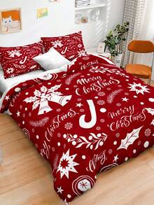 3pcs Christmas Themed Polyester Bedding Set With Snowflakes, Bells And Red Background - Red and White - View 13