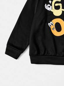 Flirla 大碼字母和卡通圖案落肩袖運動衫 - 黑色 - 查看 4