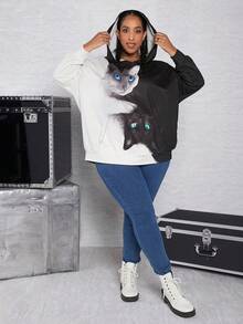 SHEIN CURVE+ 加大码猫咪印花落肩卫衣 - 黑與白 - 查看 3