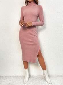 SHEIN Frenchy Turtleneck Split Thigh Sweater Dress - Dusty Pink - View 4