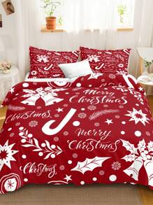 3pcs Christmas Themed Polyester Bedding Set With Snowflakes, Bells And Red Background - Red and White - View 1