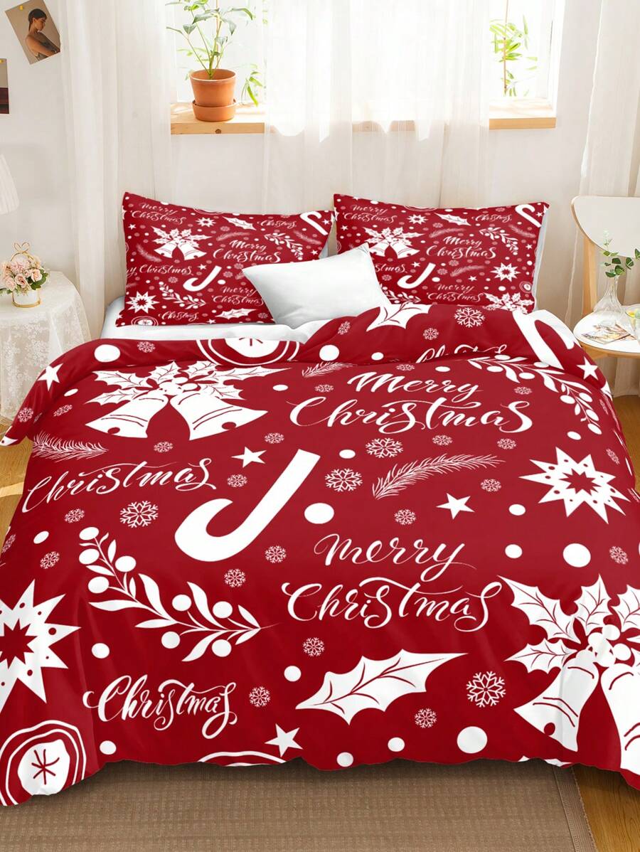 3pcs Christmas Themed Polyester Bedding Set With Snowflakes, Bells And Red Background - Red and White - View 1