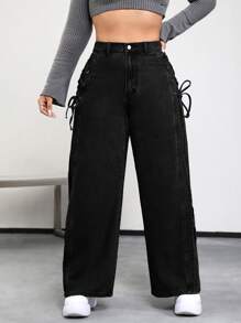 SHEIN EZwear Plus Lace Up Side Wide Leg Jeans - Black - View 3