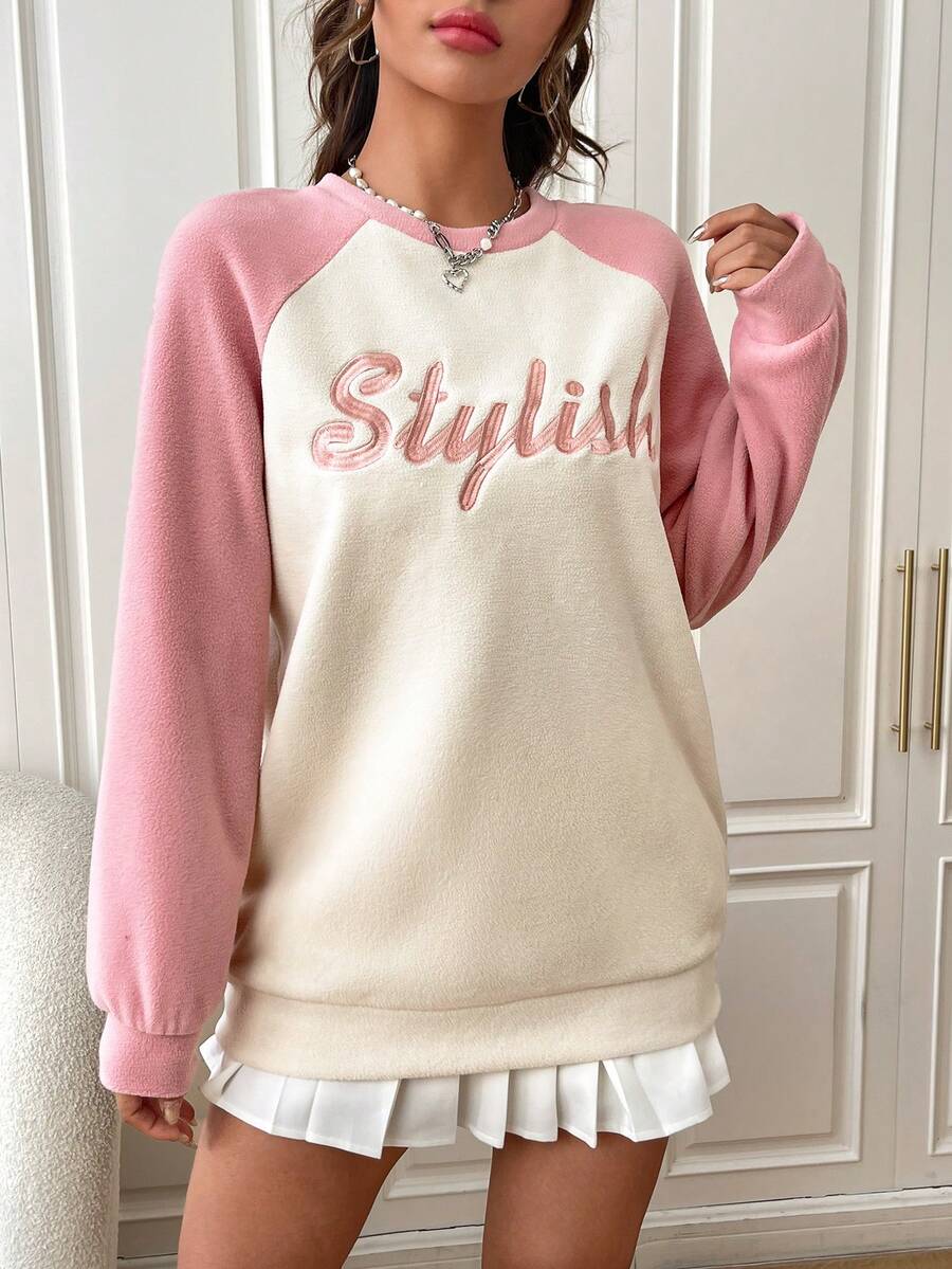 SHEIN EZwear Thêu Chữ Khối màu Tay Raglan Áo nỉ - Nhiều màu - Xem 1