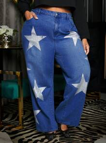 SHEIN CURVE+ Plus Star Print Wide Leg Jeans - Dark Wash - View 3