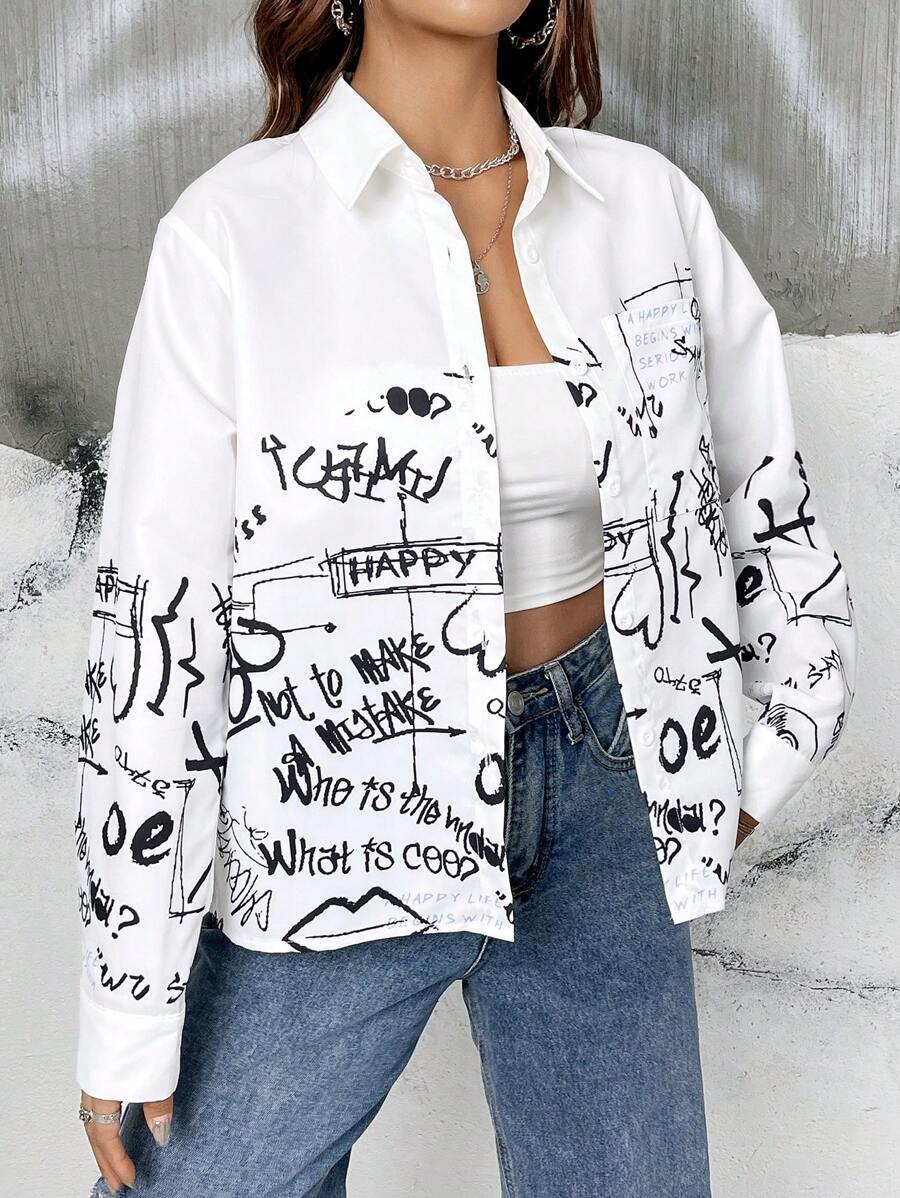 SHEIN EZwear Graffiti Print Button Front Shirt - White - View 1