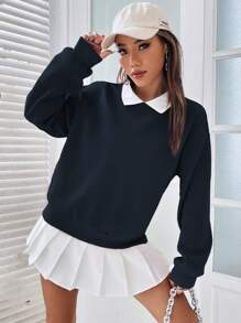 SHEIN Frenchy 拼接領落肩袖二合一運動衫 - 藏蓝色 - 查看 7