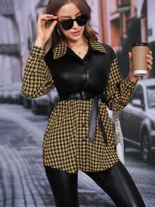 SHEIN Privé Houndstooth Print Belted Shirt - Black - View 3