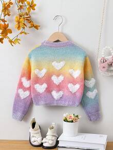 SHEIN 女小童愛心圖案漸層落肩袖套頭毛衣 - 彩色 - 查看 2