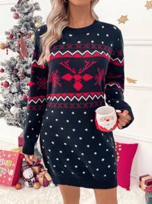 SHEIN LUNE 聖誕圖案毛衣洋裝 - 寶藍色 - 查看 1
