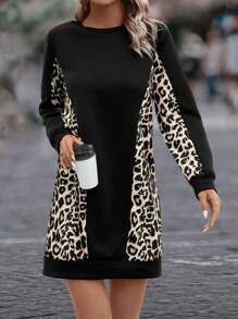 SHEIN LUNE Contrast Leopard Print Sweatshirt Dress Pullover Fall Outfit - Black - View 5