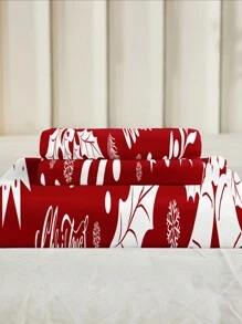 3pcs Christmas Themed Polyester Bedding Set With Snowflakes, Bells And Red Background - Red and White - View 3