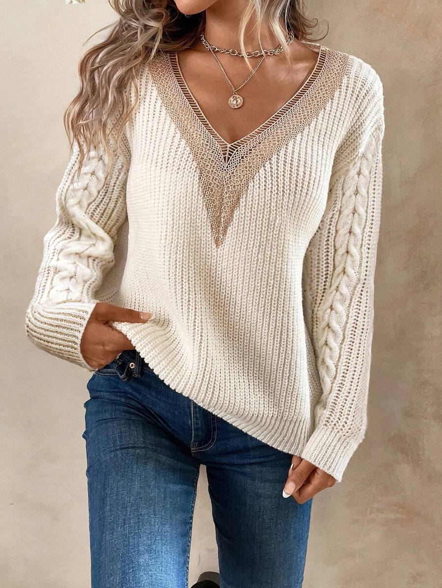 SHEIN LUNE Ren tương phản Thả vai Xoắn Dan Áo len - Màu be - Xem 1