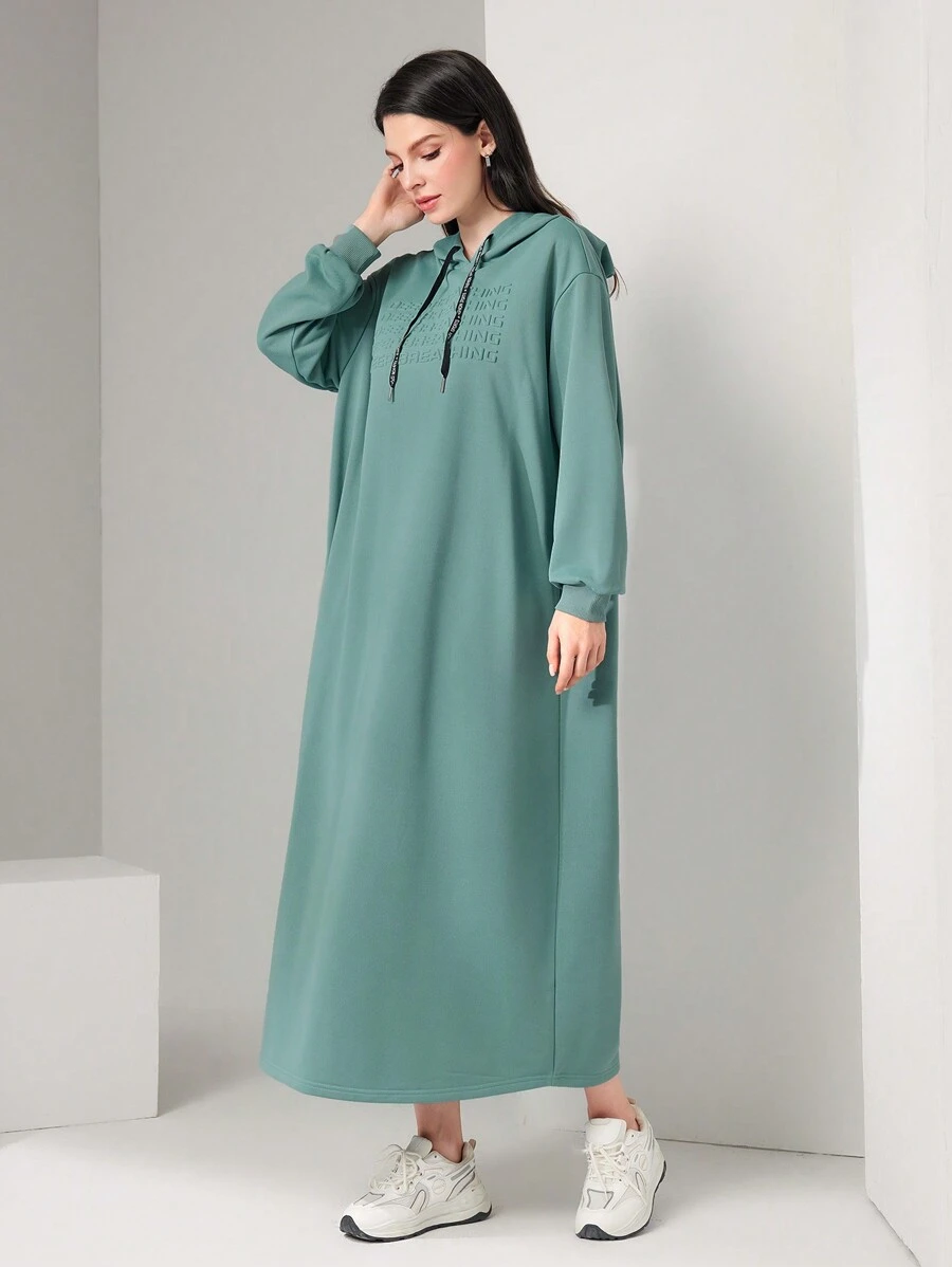 Mulvari Letter Embossed Drop Shoulder Drawstring Hooded Sweatshirt Dress,Long Sleeve Tops - Mint Green - View 1
