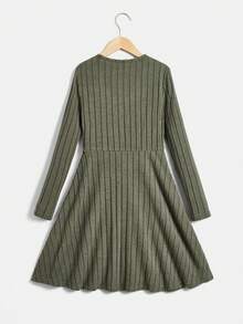 SHEIN Tween Girl Surplice Neck Ribbed Knit Dress - Green - View 2