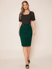 SHEIN Clasi Button Detail Pencil Skirt - Dark Green - View 4