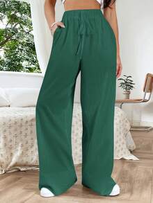 Muchica Solid Knot Waist Wide Leg Pants - Dark Green - View 6