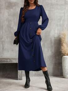 SHEIN Clasi 素色前紐扣A字洋裝 - 寶藍色 - 查看 5
