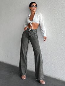 SHEIN Cottnline جينز نسائي بالساق المستقيمة - رمادي غامق - مشاهدة 4
