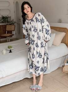 DAZY 印花撞色滾邊睡裙 - 米色 - 查看 3