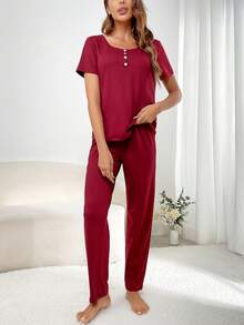 半排扣T恤和褲子休閒套裝 - 酒紅色 - 查看 6