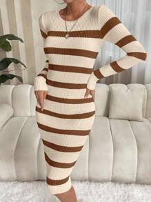 Xyvia Striped Pattern Bodycon Sweater Dress Fall Winter Cloth For Women - Coffee Brown - View 3