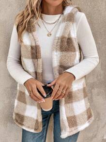 SHEIN LUNE Plus Buffalo Plaid Pattern Hooded Teddy Vest Coat - Multicolor - View 4