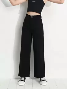 SHEIN Tween Girl Y2K Street Daily Elastic Waist Straight Jeans With Flat Pockets, Daily - Black - View 4