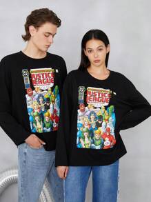 JUSTICE LEAGUE X SHEIN 1入組人物和標語圖案落肩T恤 - 黑色 - 查看 1