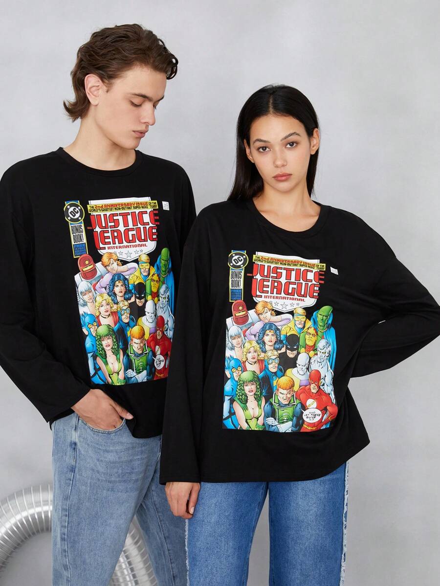 JUSTICE LEAGUE X SHEIN 1入組人物和標語圖案落肩T恤 - 黑色 - 查看 1