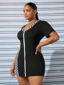 SHEIN SXY Plus Checker Print Zip Up Bodycon Dress - Black and White - View 3