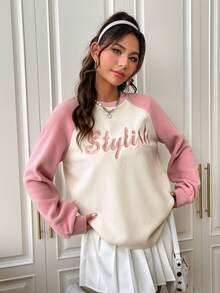 SHEIN EZwear Thêu Chữ Khối màu Tay Raglan Áo nỉ - Nhiều màu - Xem 6