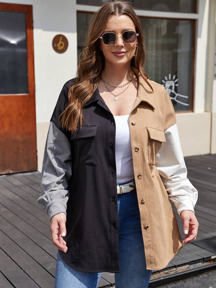 Plus Colorblock Flap Pocket Drop Shoulder Coat