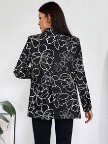 SHEIN Privé Floral Print Shawl Collar Open Front Blazer - Black - View 2