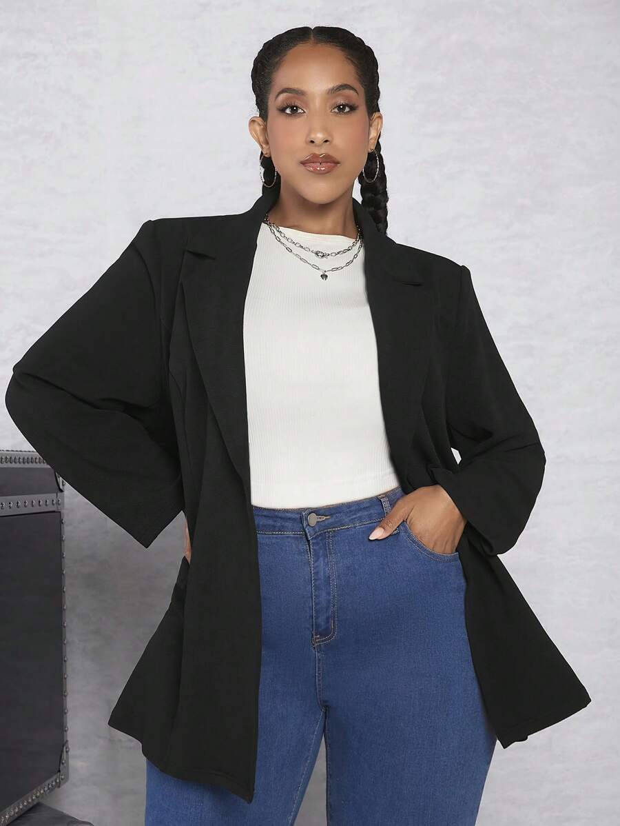 SHEIN CURVE+ Plus Lapel Neck Single Button Front Blazer - Black - View 1