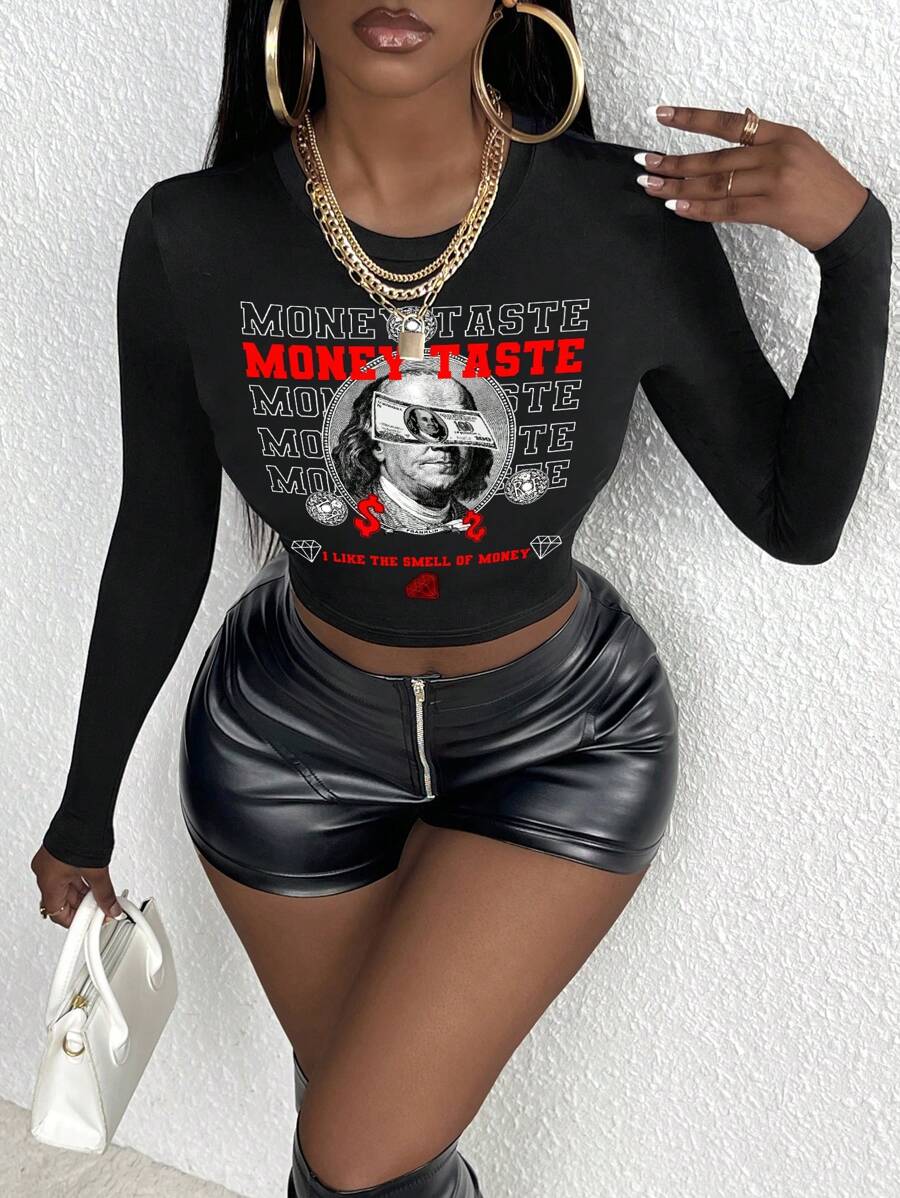 Slaydiva 女士休闲字母与图案印花长袖短款 T 恤，夏季 - 黑色 - 查看 1