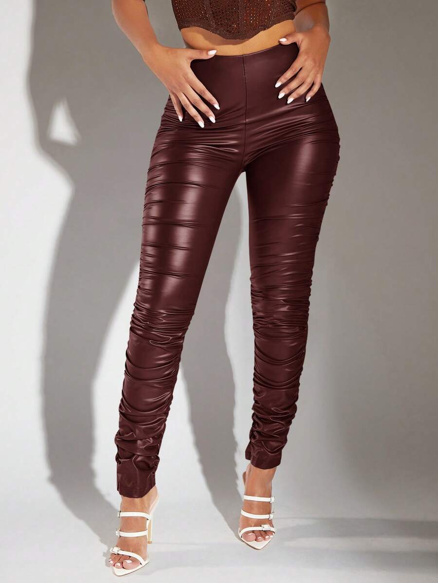 SHEIN BAE PU Leather Stacked Pants - Burgundy - View 1