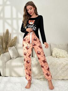 Bear & Letter Graphic PJ Set / Pajama Set - Black - View 5