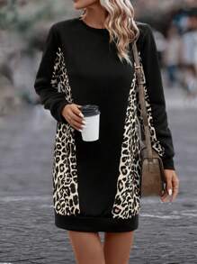 SHEIN LUNE Contrast Leopard Print Sweatshirt Dress Pullover Fall Outfit - Black - View 3