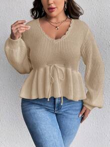 SHEIN Clasi Plus Brzeg Scallop Rękaw latarnia Kokarda z przodu Długa Szata Bez Rękawów Swetry