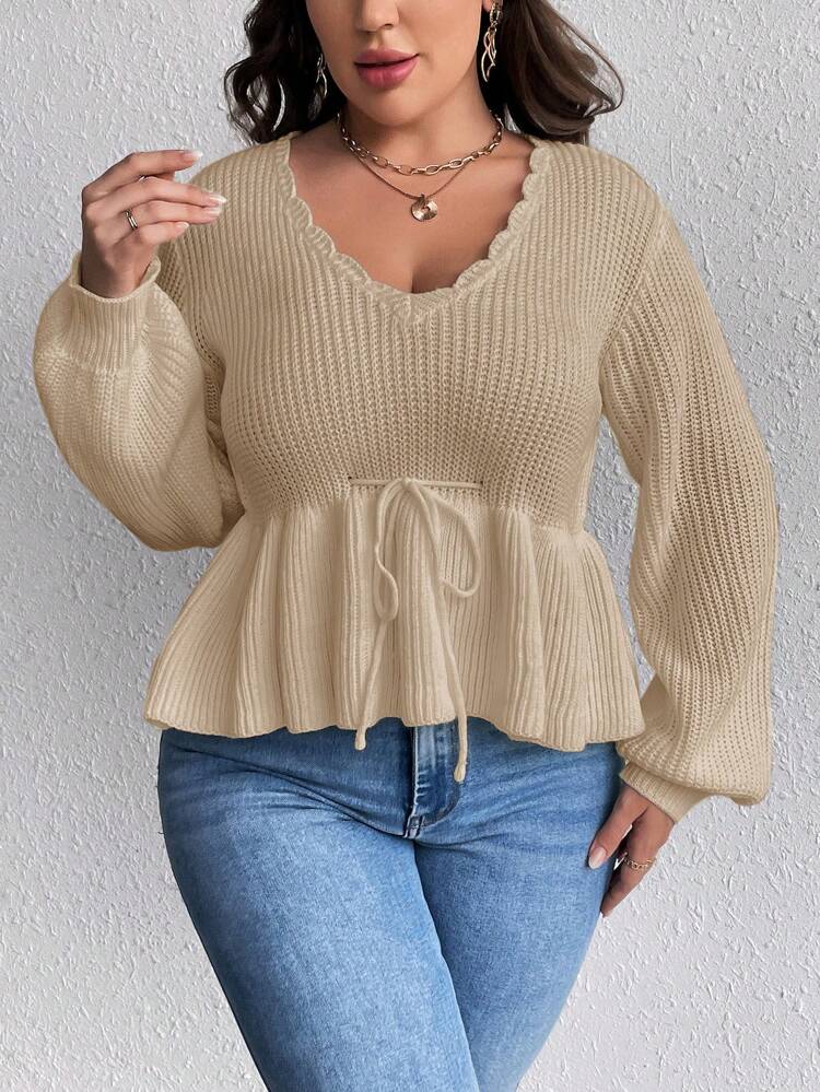 Plus Scallop Trim Lantern Sleeve Knot Front Peplum Sweater
