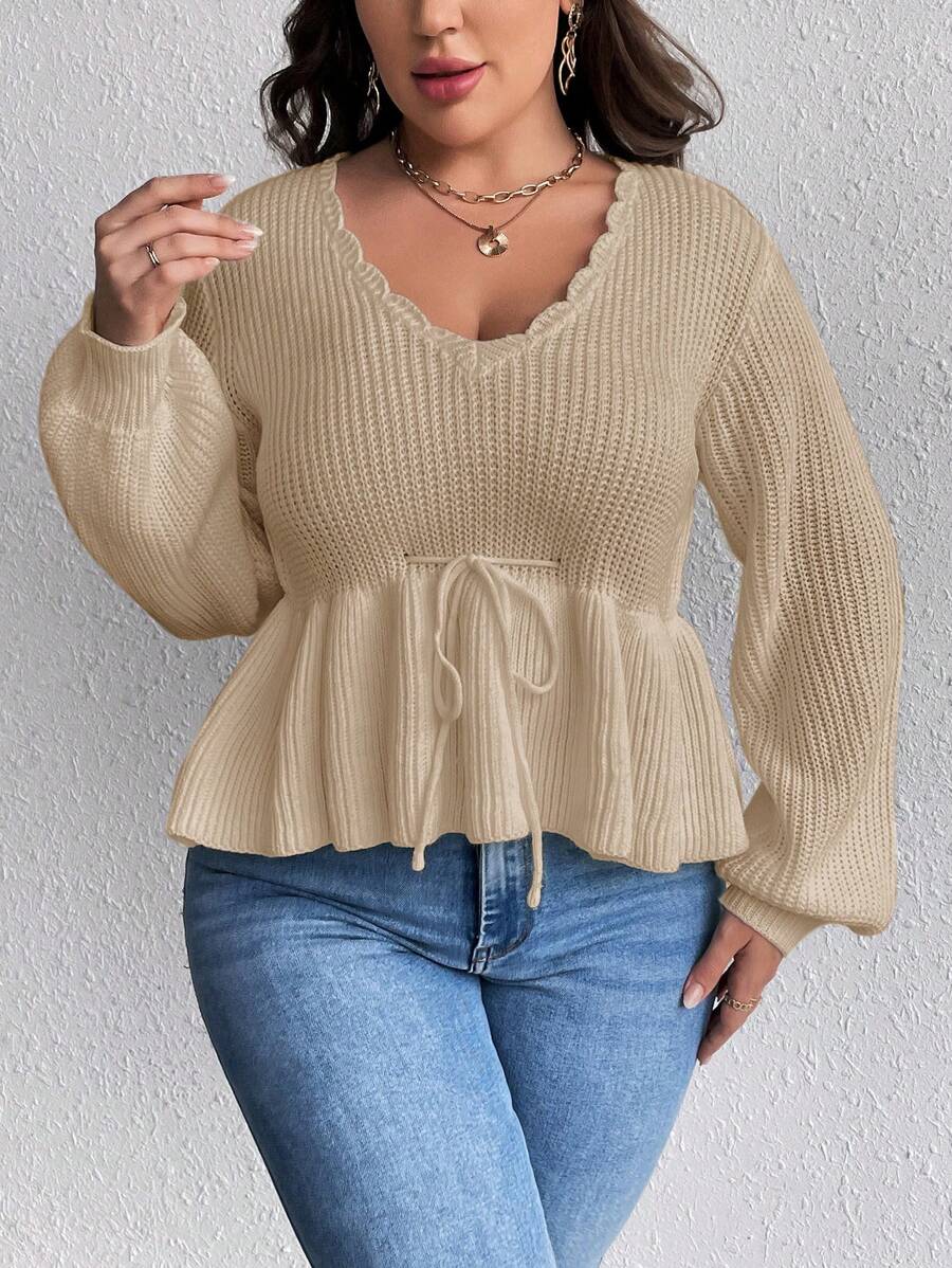 SHEIN Clasi Plus Brzeg Scallop Rękaw latarnia Kokarda z przodu Długa Szata Bez Rękawów Swetry