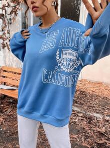 SHEIN Unity 字母图案落肩套头卫衣，秋季卫衣 - 藍色 - 查看 6