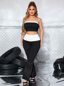 SHEIN Unity 短款抹胸上衣&喇叭褲 - 黑色 - 查看 4