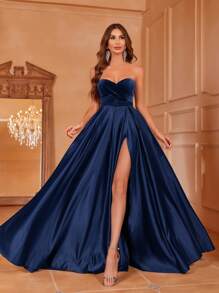 Evening Gown With High Slit & Dramatic A-Line Tube Formal Dress For Women - Navy Blue - View 4